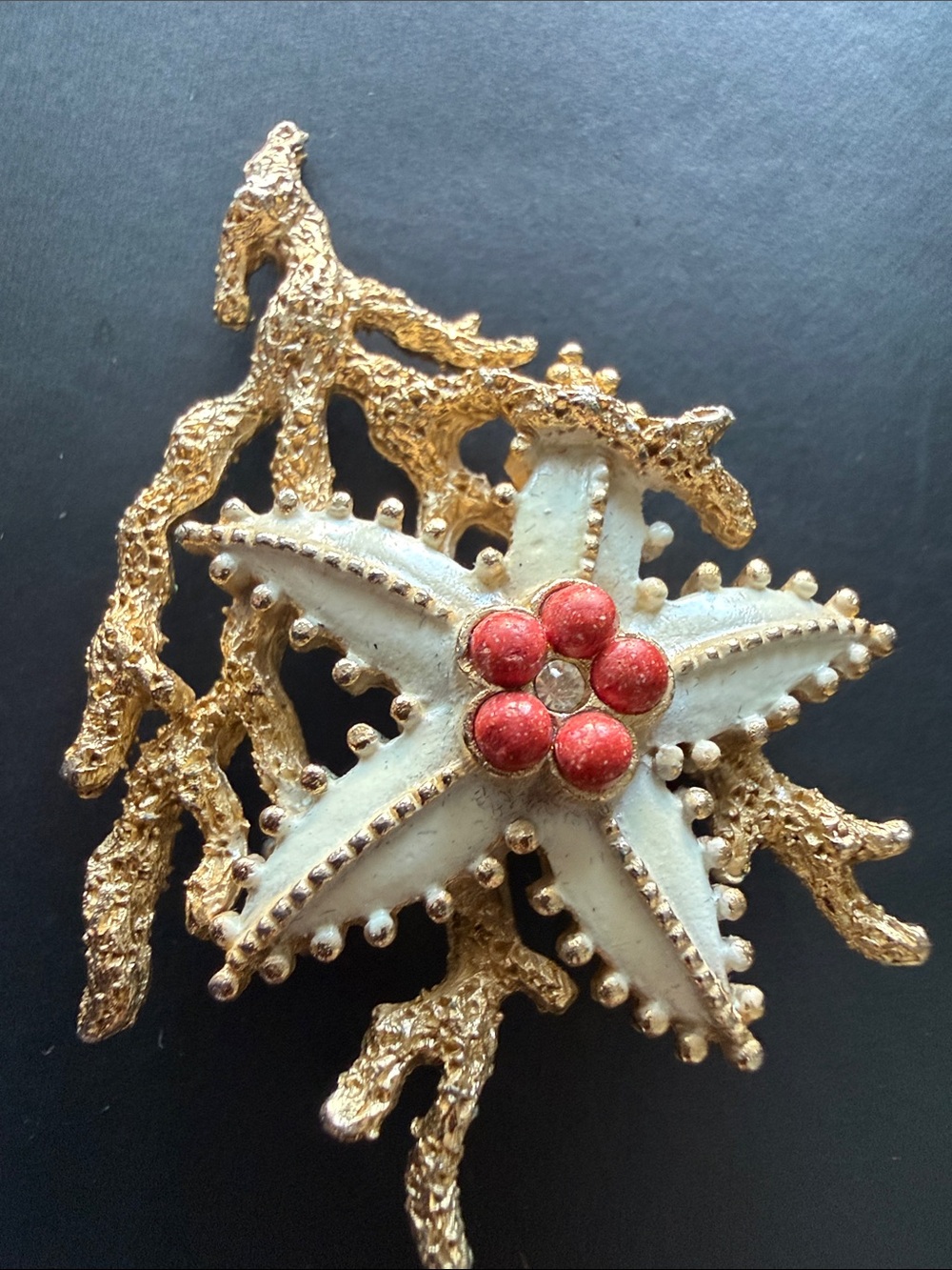 Gold Coral & Ivory Starfish Brooch with Red Accent